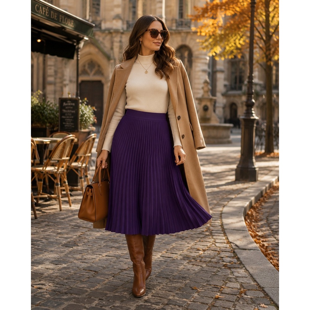 vtg Schrader Knit Purple Pleated Midi Skirt Wool Blend Vintage Size 16 Stretch